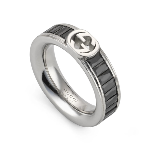Gucci Interlocking G Black Crystal Band Ring