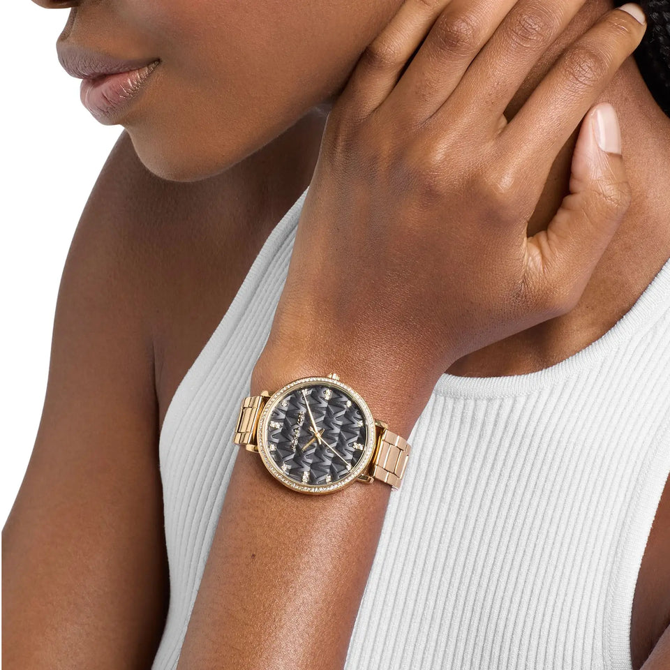 Michael Kors Ladies Pyper Black Dial Gold Tone Bracelet Watch