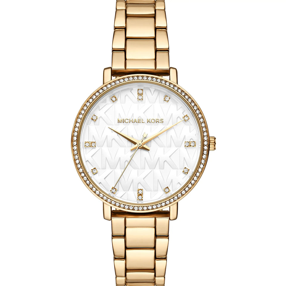 Michael Kors Ladies Pyper White Dial Gold Tone Bracelet Watch