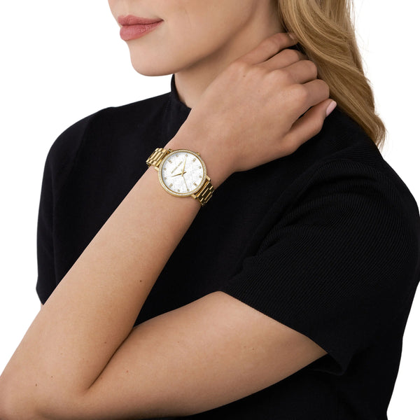 Michael Kors Ladies Pyper White Dial Gold Tone Bracelet Watch