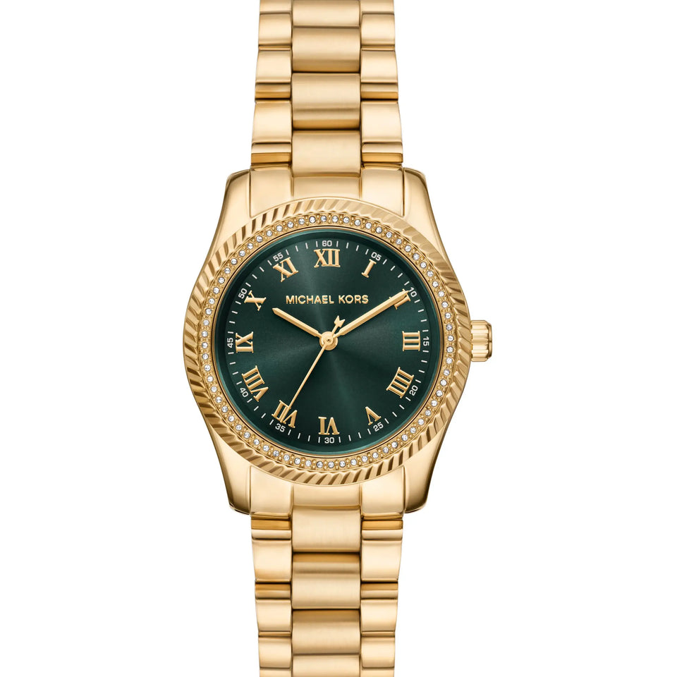 Michael Kors Ladies Lexington Green Dial Gold Toned Bracelet Watch