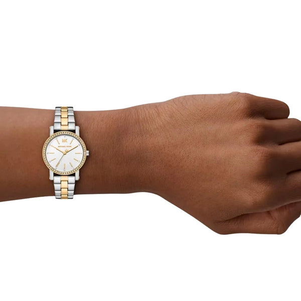 Michael Kors Ladies Corey 28mm White Dial Two Tone Bracelet Watch