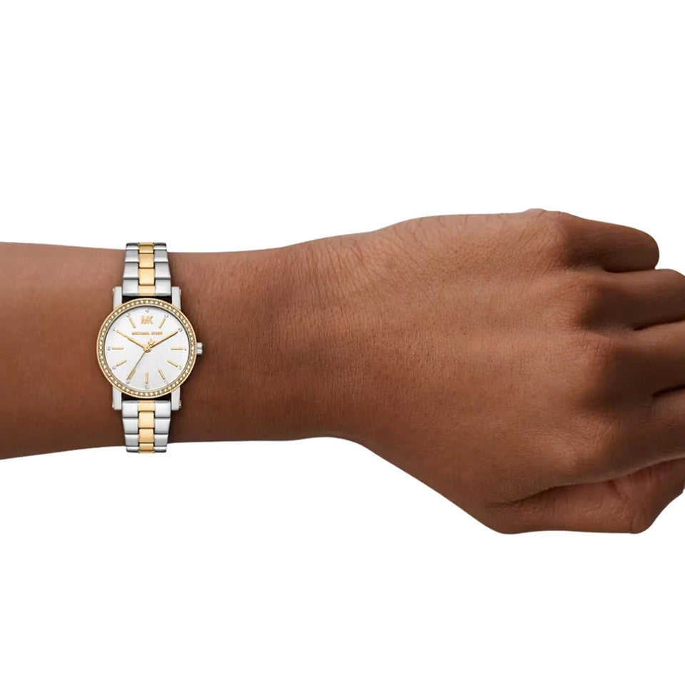Michael Kors Ladies Corey 28mm White Dial Two Tone Bracelet Watch