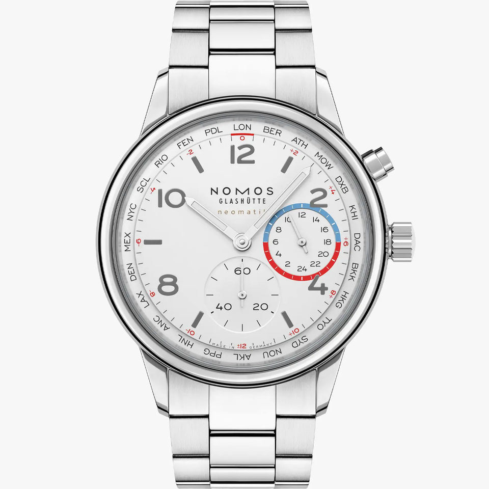 NOMOS Glashütte Club Sport Neomatik Worldtimer White Dial 40mm Watch | Exhibition Caseback
