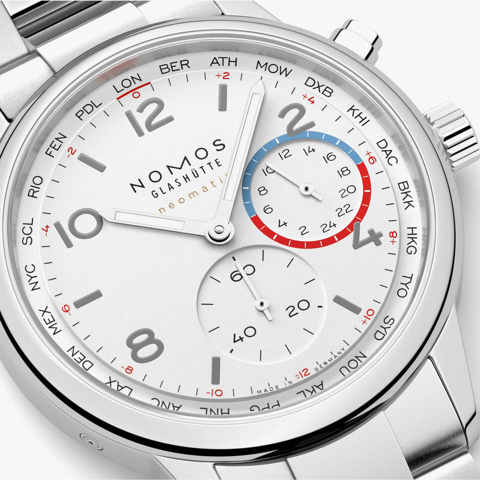 NOMOS Glashütte Club Sport Neomatik Worldtimer White Dial 40mm Watch | Exhibition Caseback