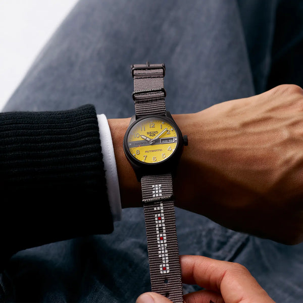 Seiko 5 Sports Limited Edition Yellow X Honda Motocompo Nylon Strap Watch