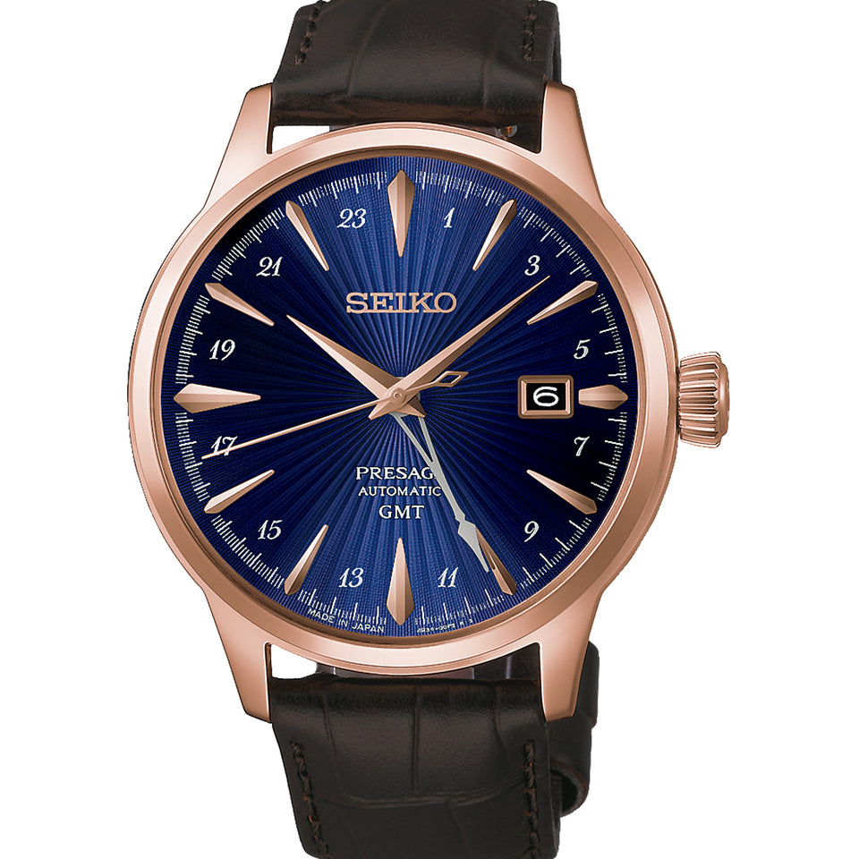 Seiko Presage Men's Cocktail Time 'Corcovado' GMT Brown Leather Strap Watch