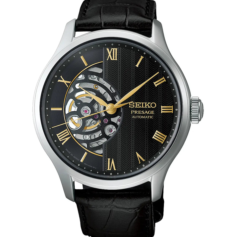 Seiko Presage Men's Zen Gardens Moonlight Black Dial Leather Strap Watch