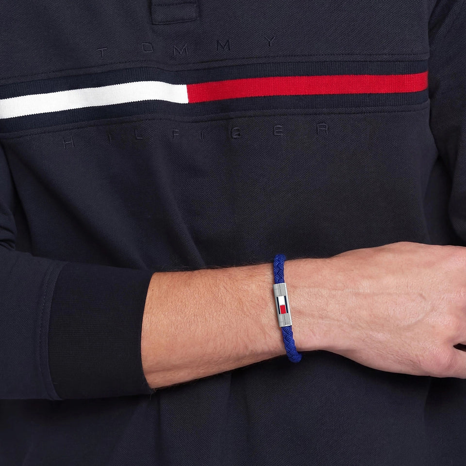 Tommy Hilfiger Men's Barrel Blue Braided Leather Bracelet