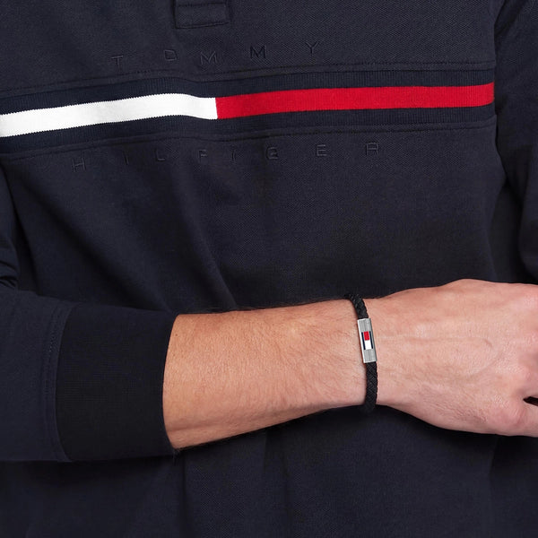 Tommy Hilfiger Men's Barrel Black Braided Leather Bracelet