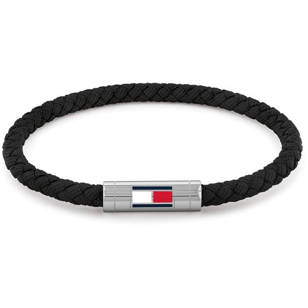 Tommy Hilfiger Men's Barrel Black Braided Leather Bracelet