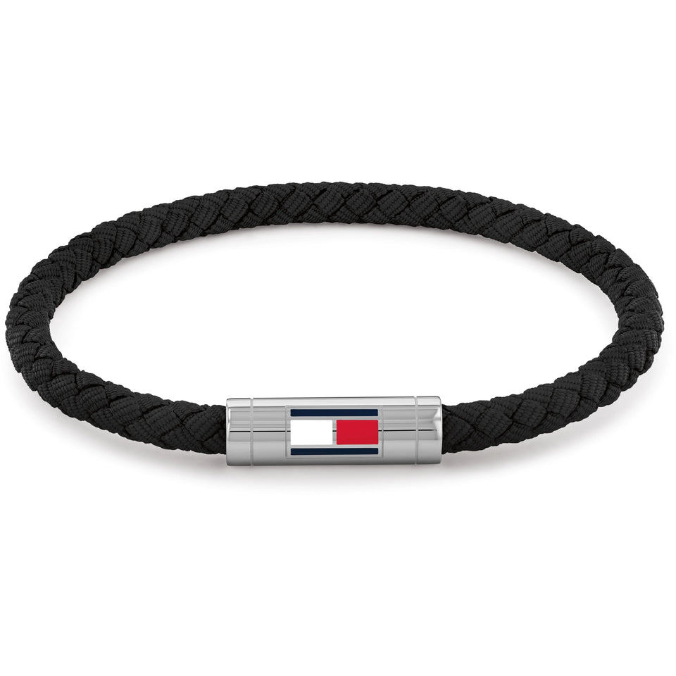 Tommy Hilfiger Men's Barrel Black Braided Leather Bracelet