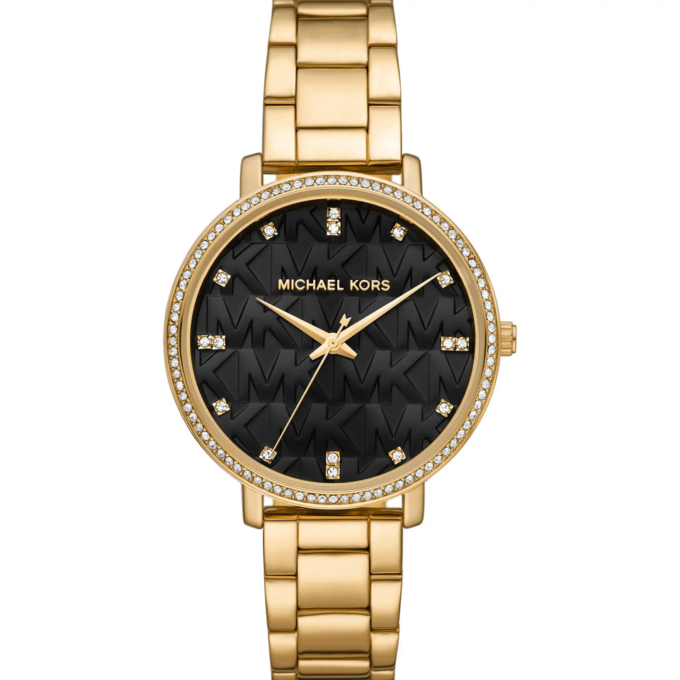 Michael Kors Ladies Pyper Black Dial Gold Tone Bracelet Watch