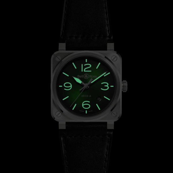 Bell & Ross Men's BR-03 GREEN STEEL Leather Strap Watch