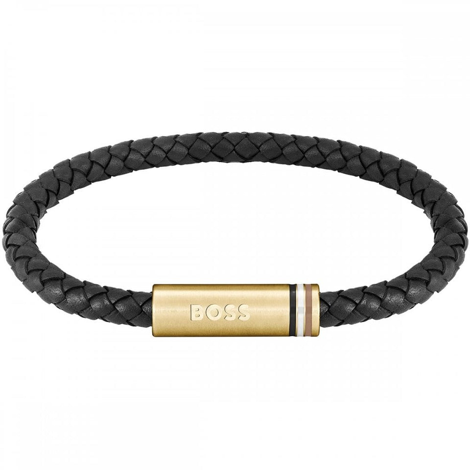BOSS Gent's Ares Single Black Braided Leather Gold Plated Clasp Bracelet