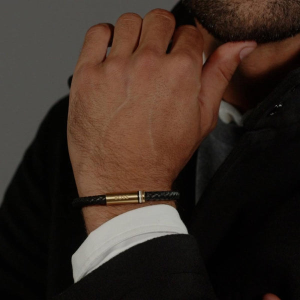 BOSS Gent's Ares Single Black Braided Leather Gold Plated Clasp Bracelet