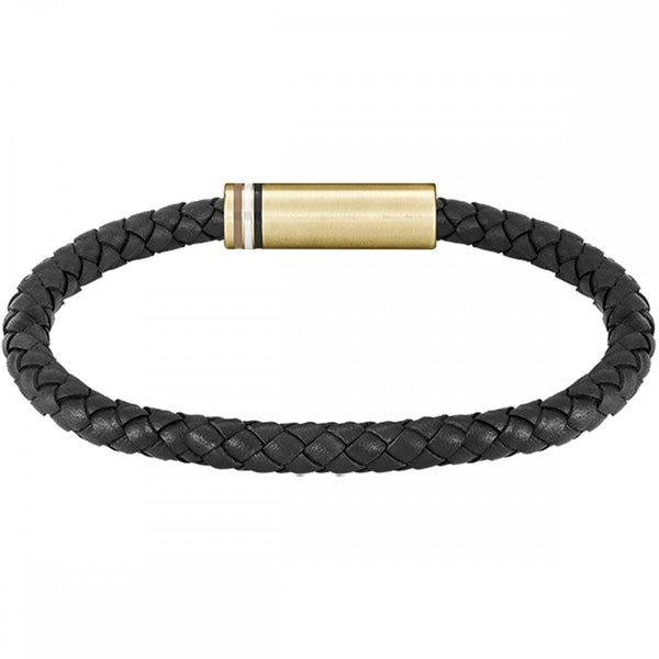 BOSS Gent's Ares Single Black Braided Leather Gold Plated Clasp Bracelet