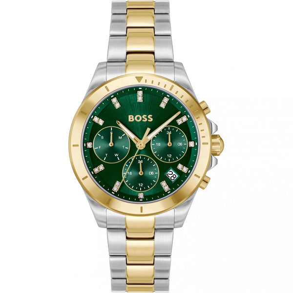 BOSS Ladies ALLEY LUX Green Stone Set Two Tone Watch
