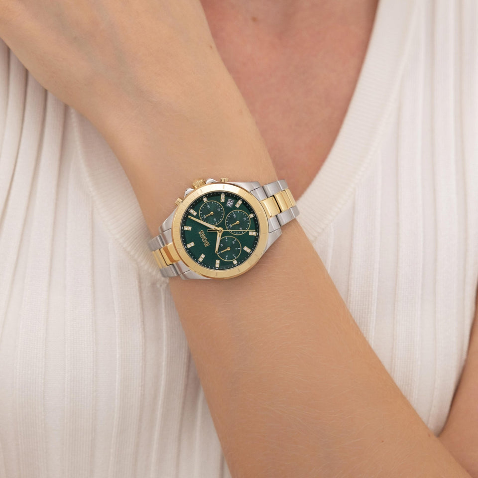 BOSS Ladies ALLEY LUX Green Stone Set Two Tone Watch