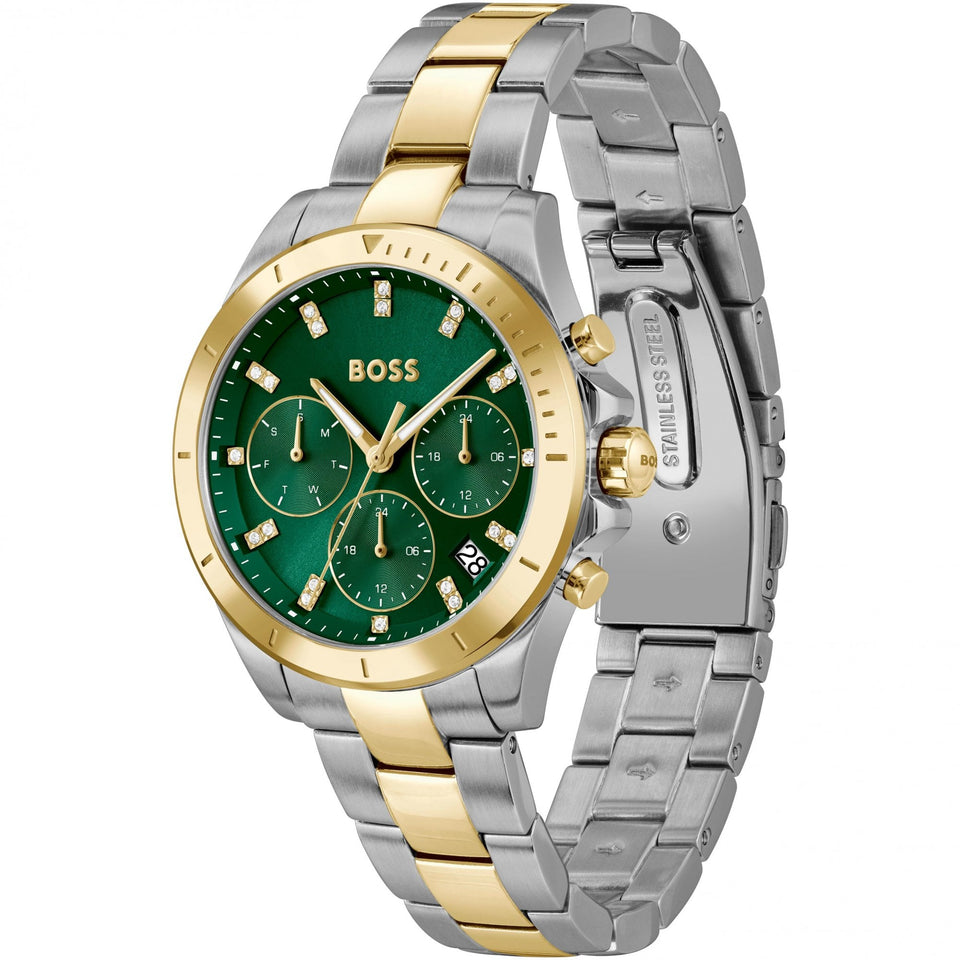 BOSS Ladies ALLEY LUX Green Stone Set Two Tone Watch