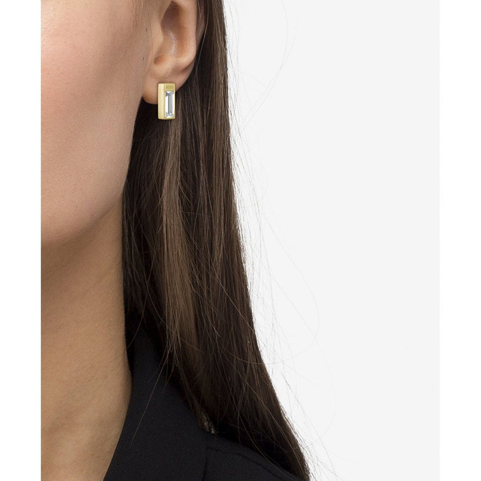 BOSS Ladies Clia Light Gold Plated Baguette Stud Earrings