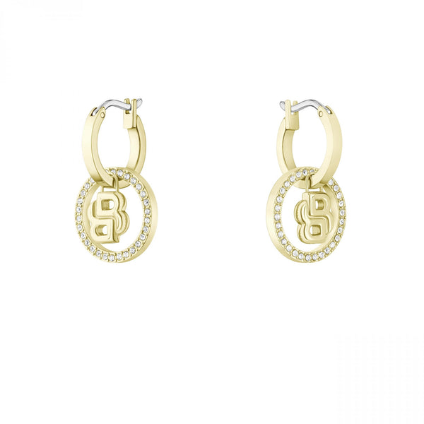 BOSS Ladies Double B Divine Gold Tone Drop Hoop Earrings