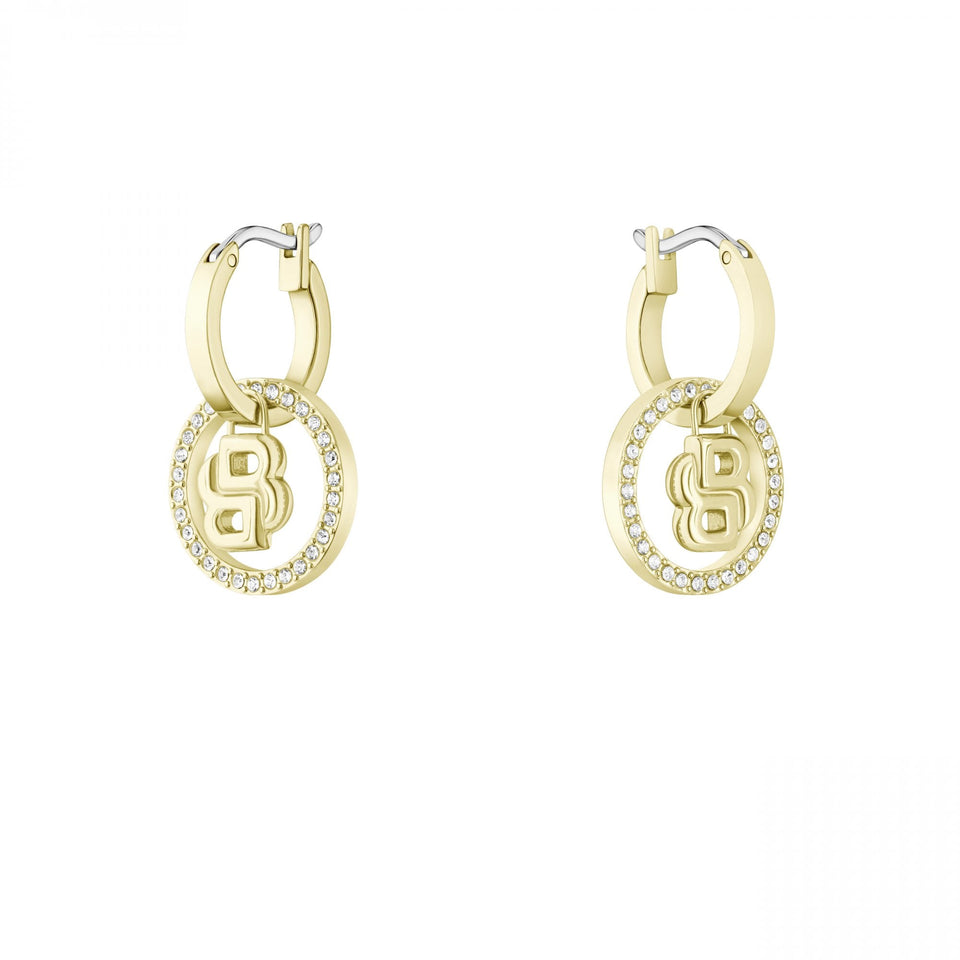 BOSS Ladies Double B Divine Gold Tone Drop Hoop Earrings