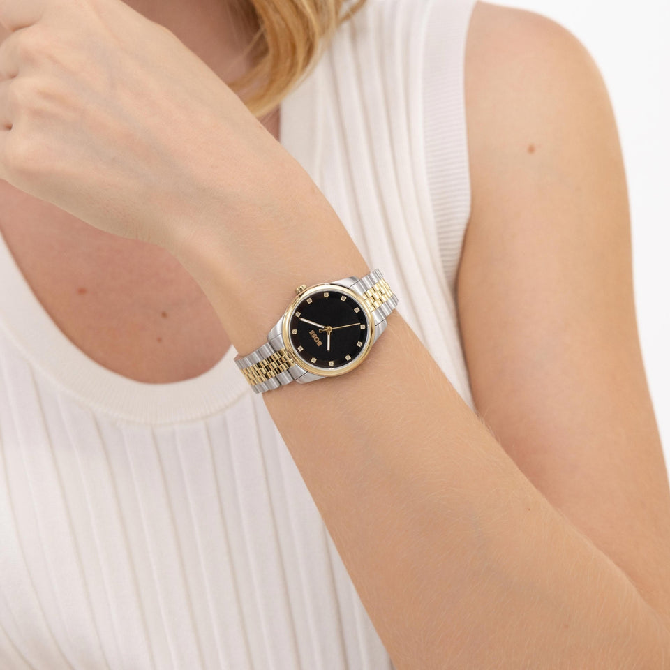 BOSS Ladies GRACEFUL Black Stone Set Dial Two Tone Watch