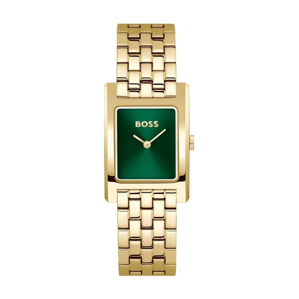 BOSS Ladies LUCY Green Sqaure Dial Gold Plated Watch