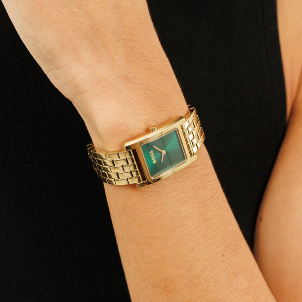 BOSS Ladies LUCY Green Sqaure Dial Gold Plated Watch