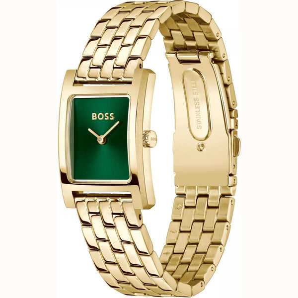 BOSS Ladies LUCY Green Sqaure Dial Gold Plated Watch