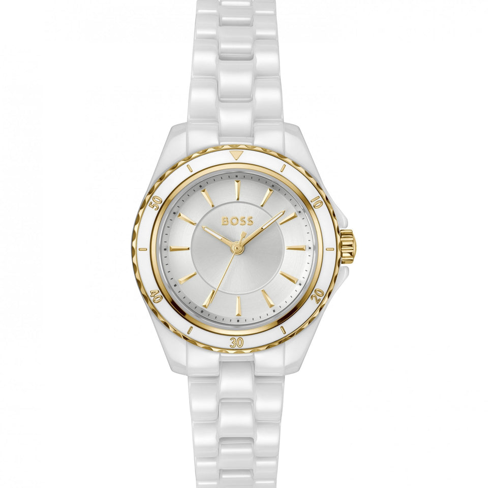 BOSS Ladies Sage White IP Plated Ceramic Bracelet Watch