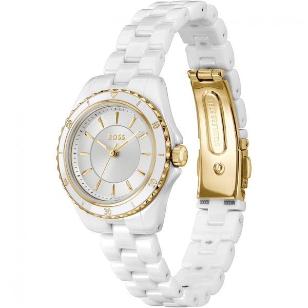 BOSS Ladies Sage White IP Plated Ceramic Bracelet Watch