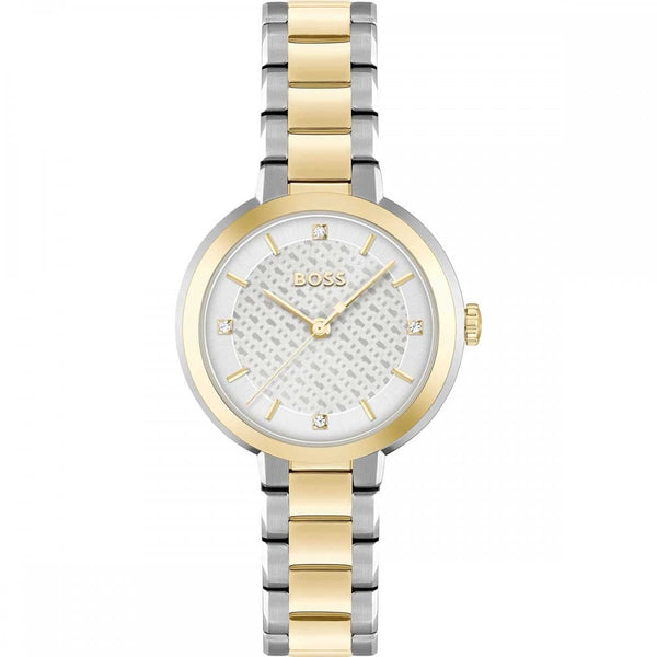BOSS Ladies SENA White Monogram Dial Gold Plated IP 34mm Watch