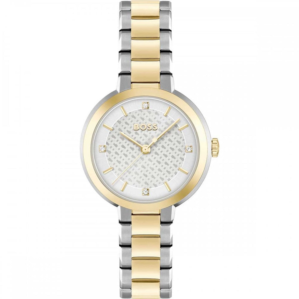 BOSS Ladies SENA White Monogram Dial Gold Plated IP 34mm Watch