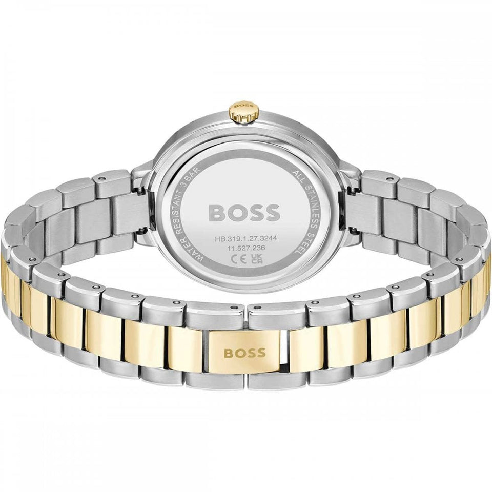 BOSS Ladies SENA White Monogram Dial Gold Plated IP 34mm Watch