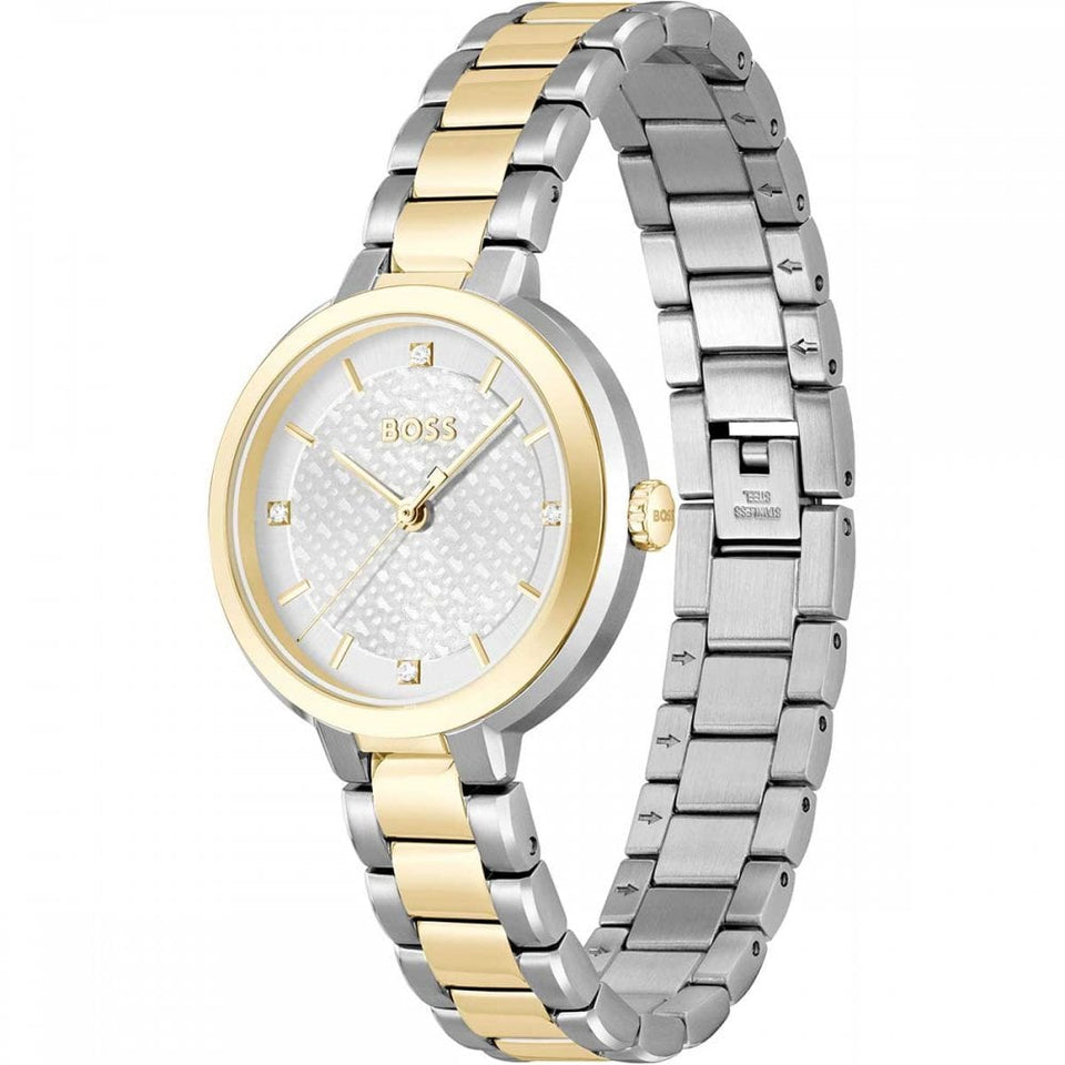BOSS Ladies SENA White Monogram Dial Gold Plated IP 34mm Watch