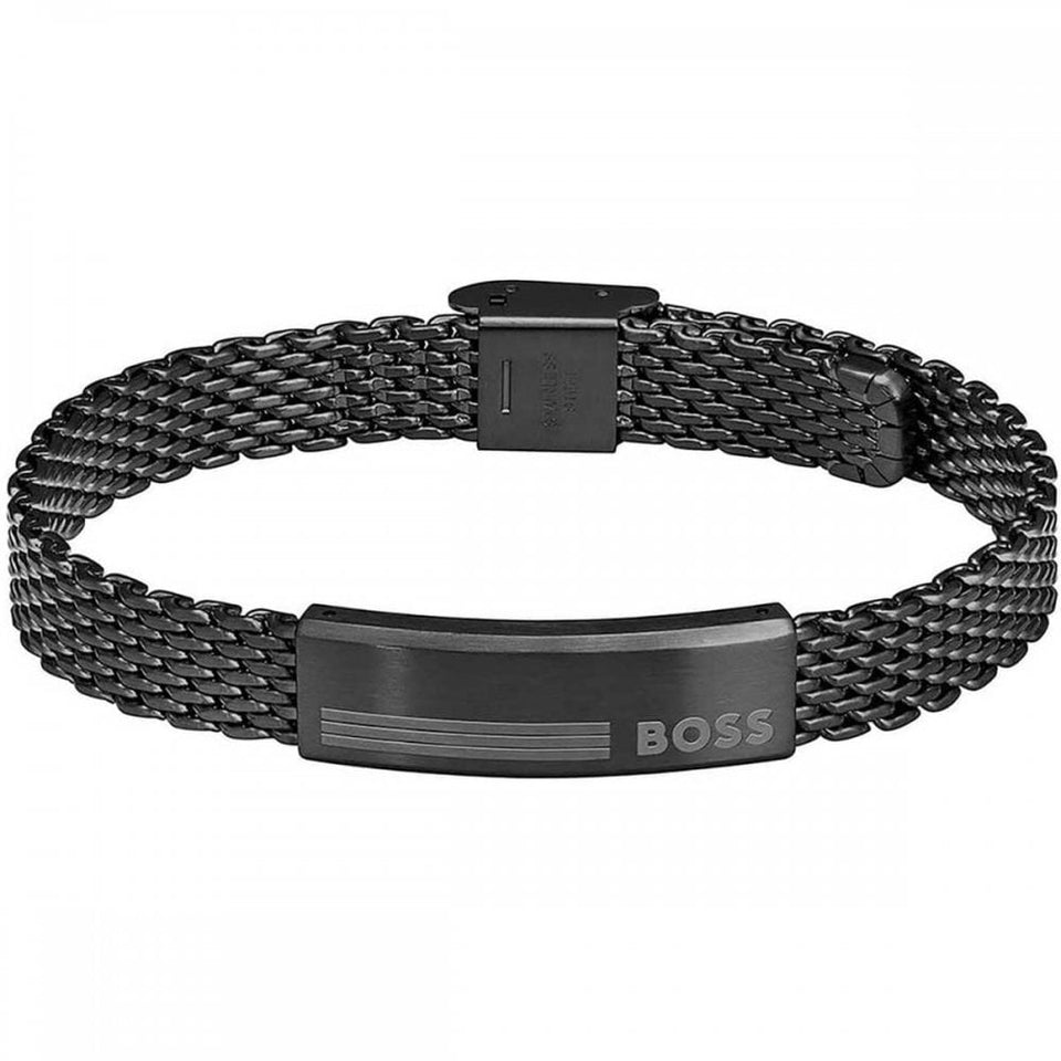 BOSS Men's Alen Black IP Plated Logo Mesh Bracelet