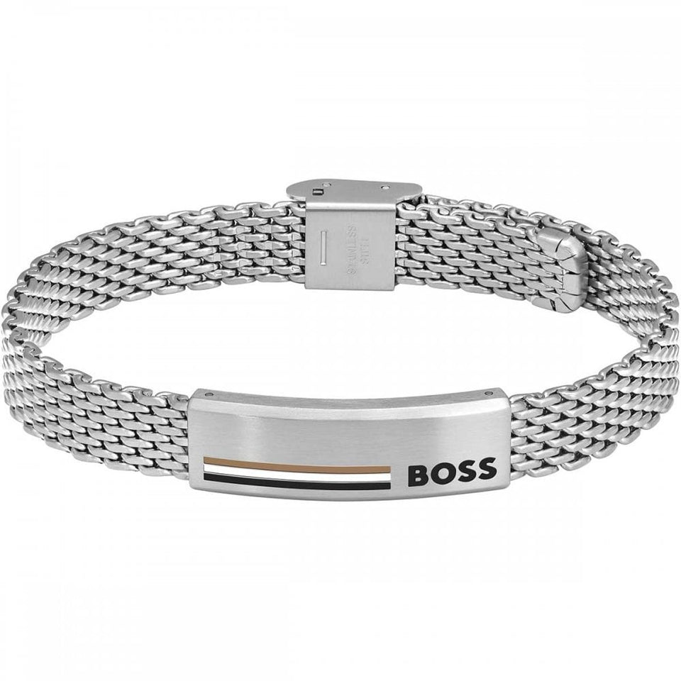 BOSS Men's Alen Iconic Striped Logo Mesh Bracelet