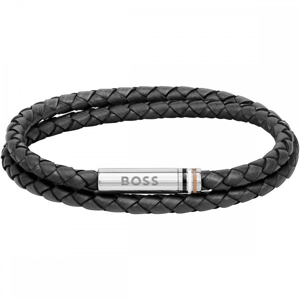 BOSS Men's Ares Black Double Wrap Braided Leather Bracelet