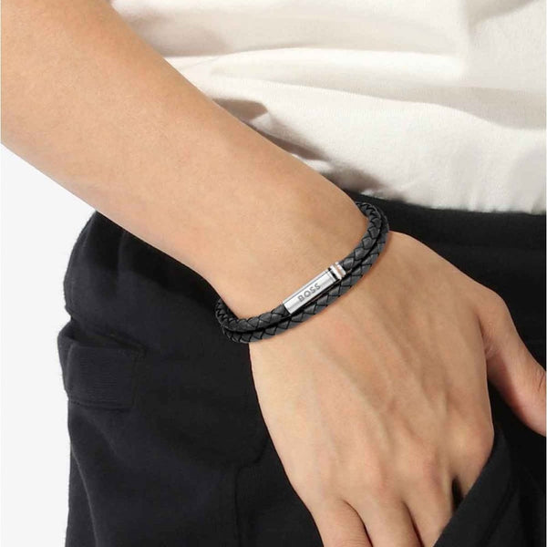 BOSS Men's Ares Black Double Wrap Braided Leather Bracelet