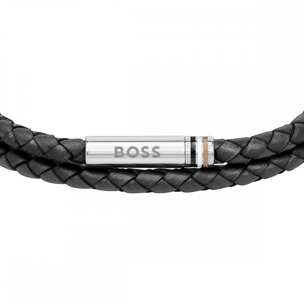 BOSS Men's Ares Black Double Wrap Braided Leather Bracelet