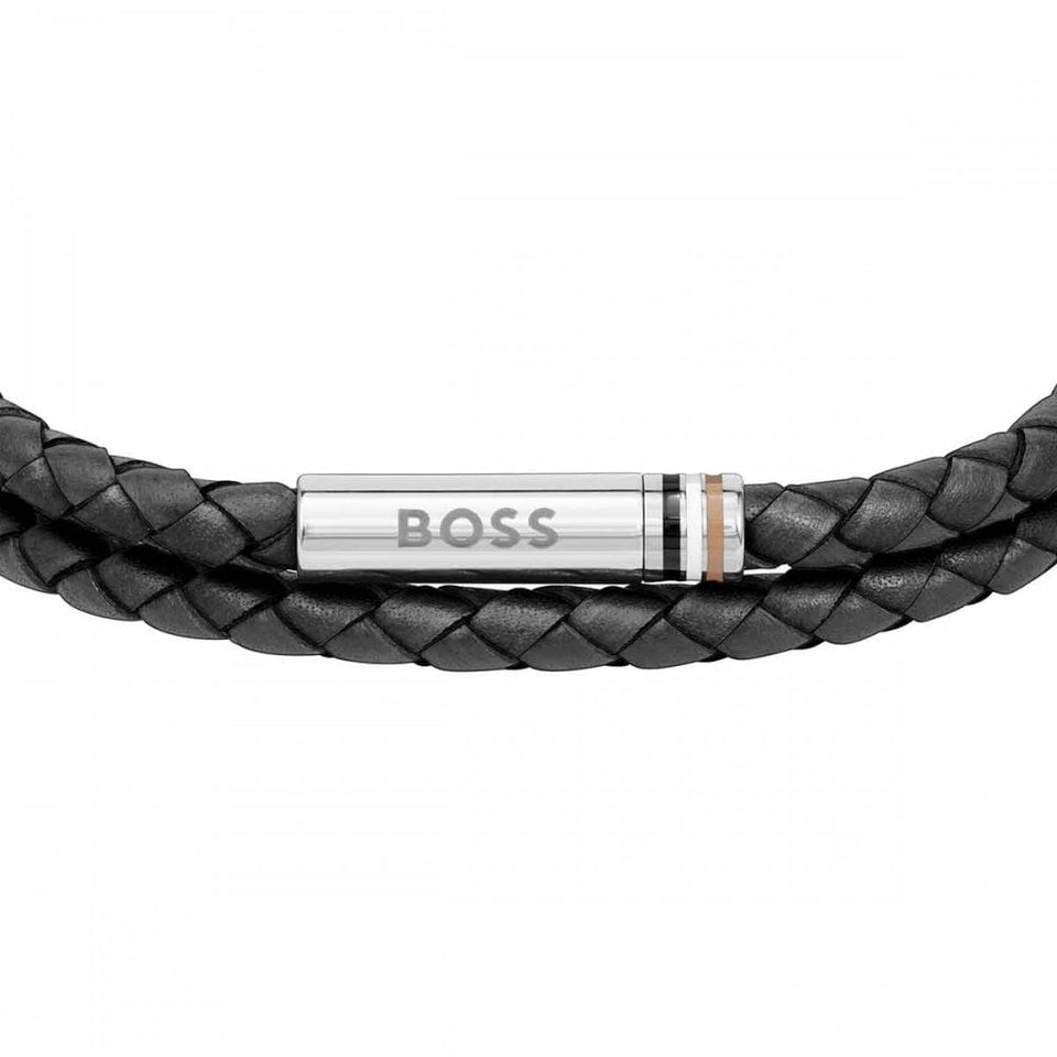BOSS Men's Ares Black Double Wrap Braided Leather Bracelet