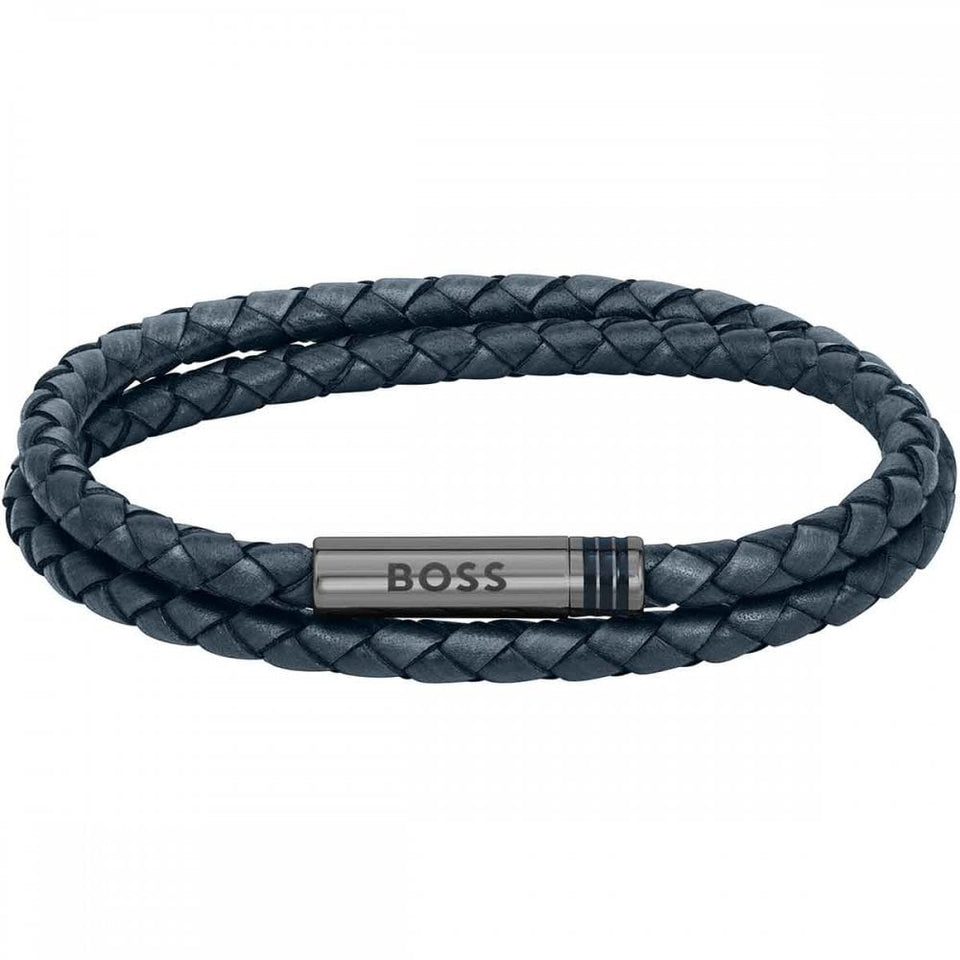 BOSS Men's Ares Navy Double Wrap Braided Leather Bracelet