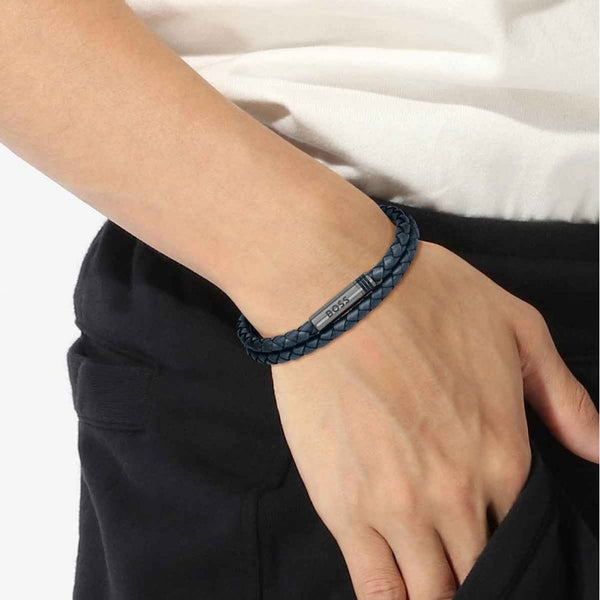 BOSS Men's Ares Navy Double Wrap Braided Leather Bracelet