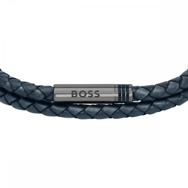 BOSS Men's Ares Navy Double Wrap Braided Leather Bracelet