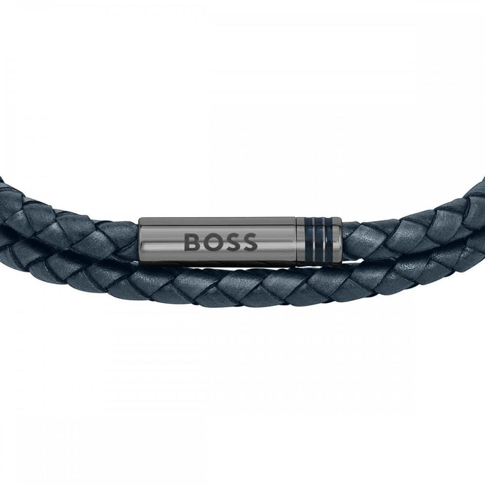 BOSS Men's Ares Navy Double Wrap Braided Leather Bracelet