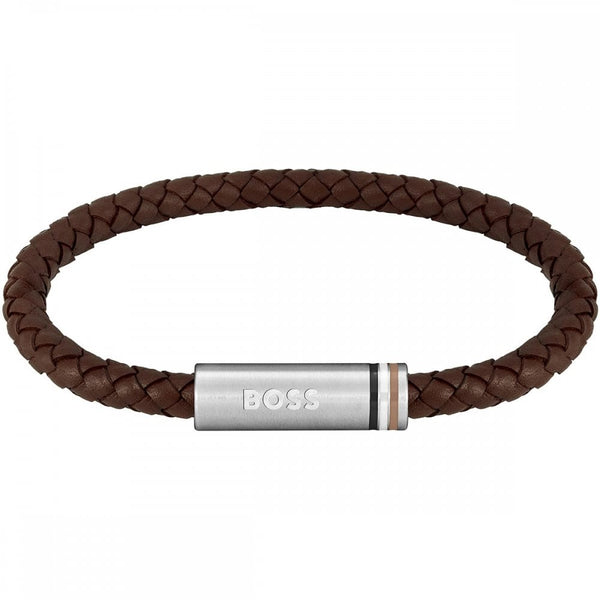 BOSS Men's Ares Single Brown Braided Leather Bracelet