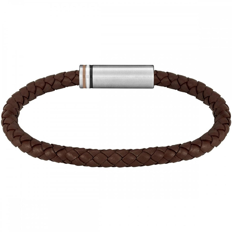 BOSS Men's Ares Single Brown Braided Leather Bracelet