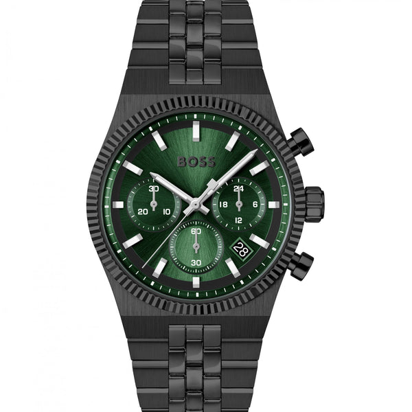BOSS Men's Candor Prime Green Dial Black IP Plated Watch